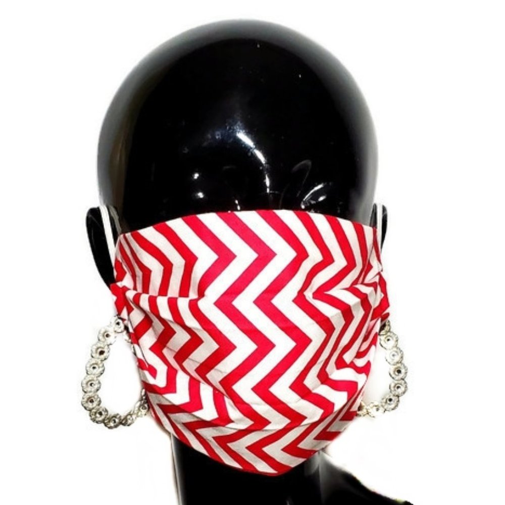 Chervon Red & Wht Handmade Face Mask, Reuse & Wash